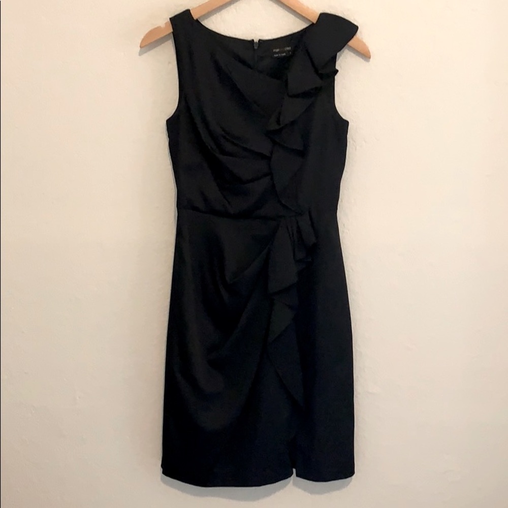 Black Satin feel Sheath Dress with Ruffle Accent